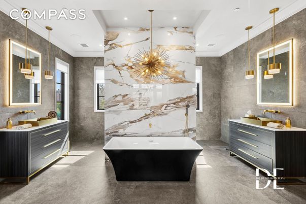 Bathroom, Dual Sink Vanities, Free Standing Baths, Interior, Marble Walls, Pendant Lights, Recessed Lighting