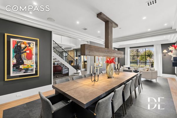 Dining room, Fireplace, Interior, Living room, Recessed Lighting, Wood Texture Flooring