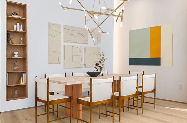 Dining room, Interior, Pendant Lights, Wood Texture Flooring