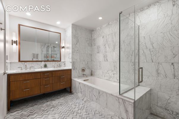 Bathroom, Dual Sink Vanities, Glass Shower, Interior, Marble Walls, Recessed Lighting