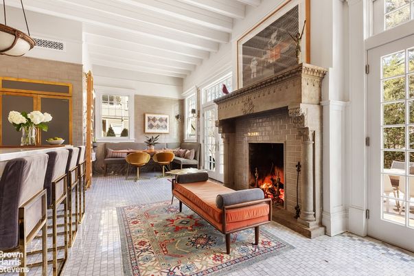 Dining room, Fireplace, Interior, Pendant Lights