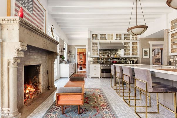 Fireplace, Interior, Pendant Lights, Stone Walls