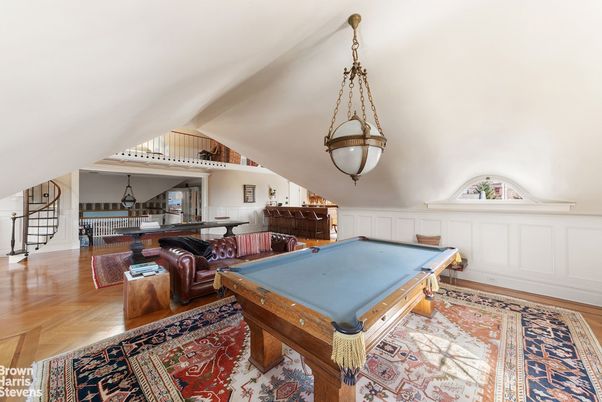 Billiard Table, Game Room, Interior, Pendant Lights, Wood Texture Flooring