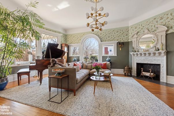Fireplace, Interior, Living room, Pendant Lights, Piano, Wood Texture Flooring