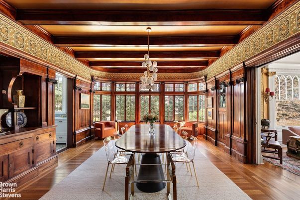 Dining room, Interior, Pendant Lights, Wooden Beams, Wood Texture Flooring
