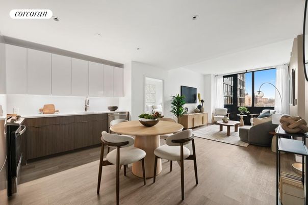 Dining room, Interior, Kitchen, Living room, Recessed Lighting, Wood Texture Flooring