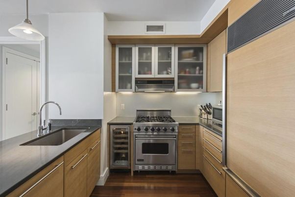 Interior, Kitchen, Pendant Lights, Stainless Steel Appliances, Wood Texture Flooring