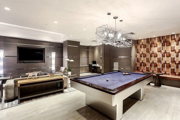 Billiard Table, Game Room, Interior, Pendant Lights, Recessed Lighting, Wood Texture Flooring
