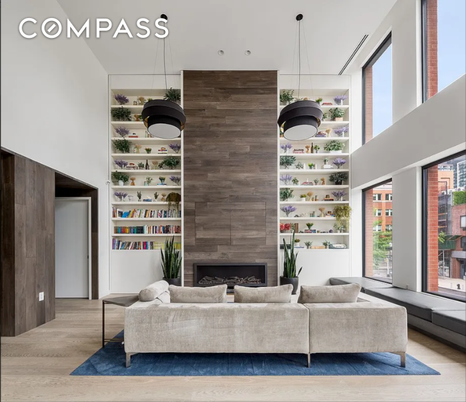 Fireplace, Interior, Living room, Pendant Lights, Recessed Lighting, Wood Texture Flooring