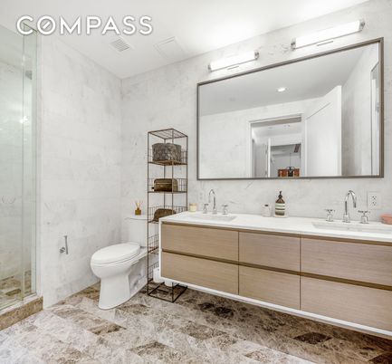 Bathroom, Dual Sink Vanities, Glass Shower, Interior, Marble Walls, Recessed Lighting