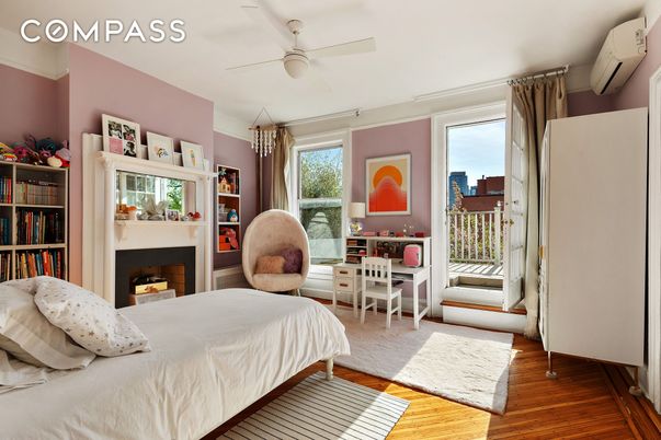 Bedroom, Fireplace, Home Office, Interior, Wood Texture Flooring