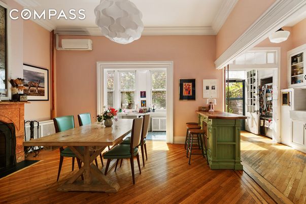 Dining room, Fireplace, Interior, Pendant Lights, Wood Texture Flooring