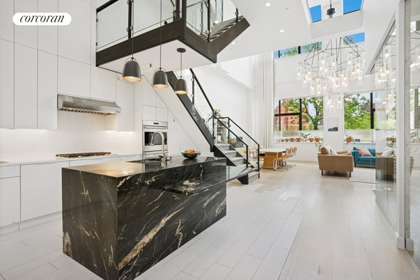 Interior, Kitchen, Living room, Marble Walls, Pendant Lights, Recessed Lighting, Stainless Steel Appliances, Wood Texture Flooring
