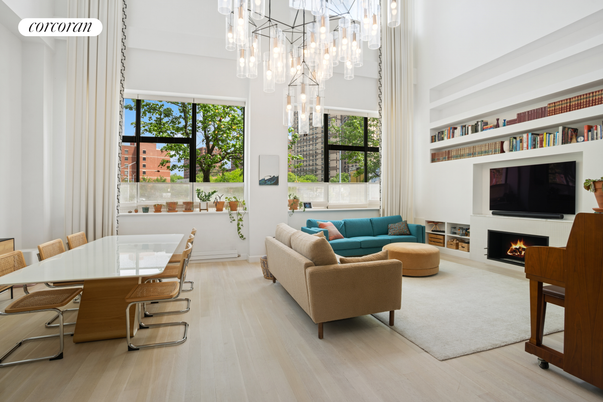 Dining room, Fireplace, Interior, Living room, Pendant Lights, Wood Texture Flooring