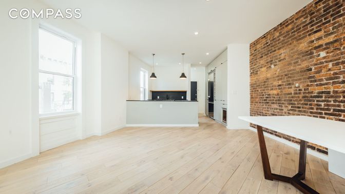 Interior, Kitchen, Pendant Lights, Recessed Lighting, Stone Walls, Wood Texture Flooring
