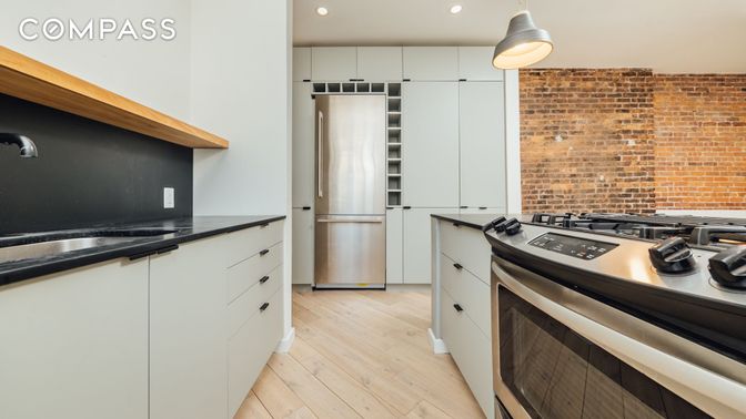 Interior, Kitchen, Pendant Lights, Recessed Lighting, Stainless Steel Appliances, Stone Walls, Wood Texture Flooring