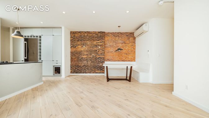 Interior, Kitchen, Pendant Lights, Recessed Lighting, Stainless Steel Appliances, Stone Walls, Wood Texture Flooring