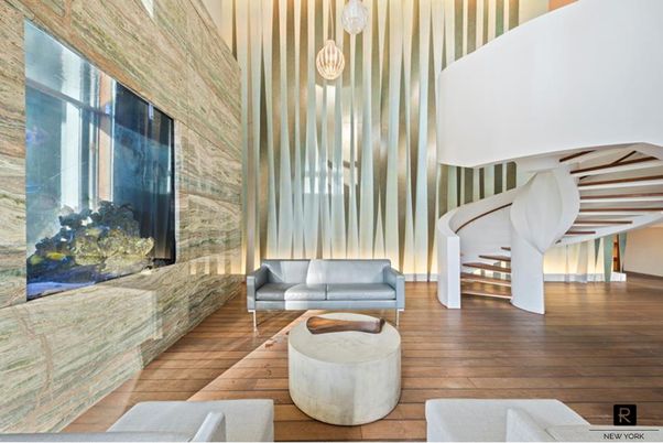 Interior, Living room, Pendant Lights, Stone Walls, Wood Texture Flooring
