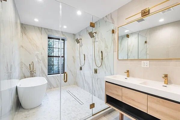Bathroom, Dual Sink Vanities, Free Standing Baths, Glass Shower, Interior, Marble, Marble Walls, Recessed Lighting