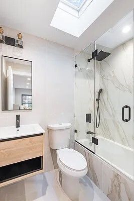 Bathroom, Glass Shower, Interior, Marble Walls, Recessed Lighting