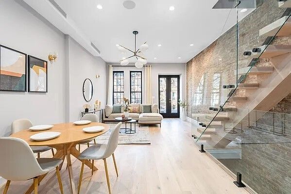 Dining room, Interior, Living room, Pendant Lights, Recessed Lighting, Wood Texture Flooring