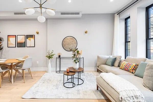 Dining room, Interior, Living room, Pendant Lights, Recessed Lighting, Wood Texture Flooring