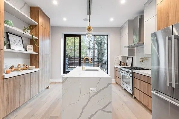 Interior, Kitchen, Pendant Lights, Recessed Lighting, Stainless Steel Appliances, Wood Texture Flooring