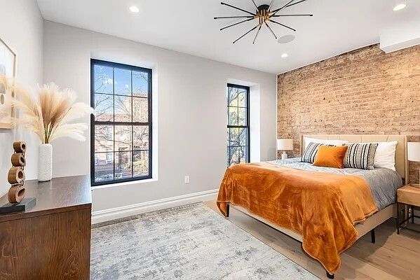 Bedroom, Interior, Recessed Lighting, Stone Walls, Wood Texture Flooring