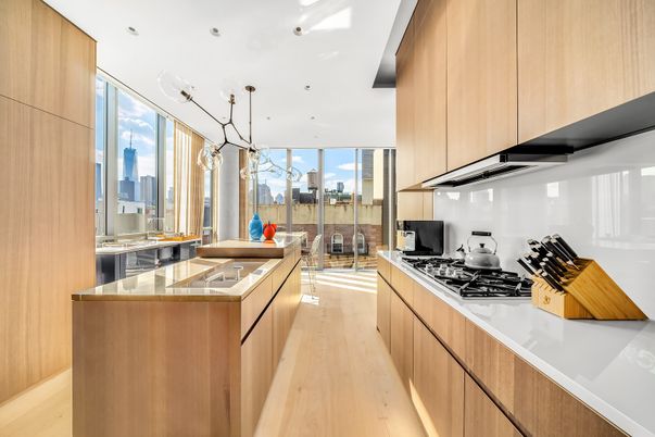 Dining room, Interior, Kitchen, Pendant Lights, Recessed Lighting, Wood Texture Flooring
