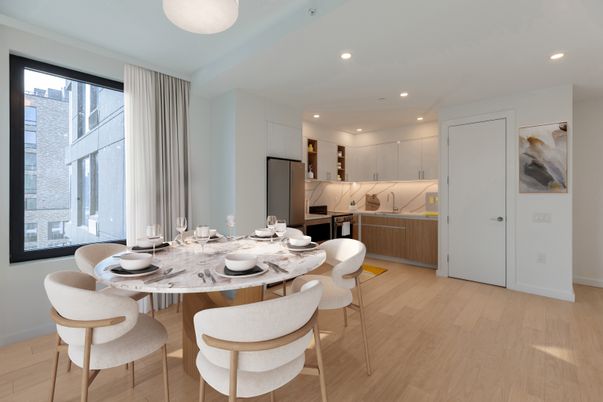 Dining room, Interior, Kitchen, Recessed Lighting, Wood Texture Flooring