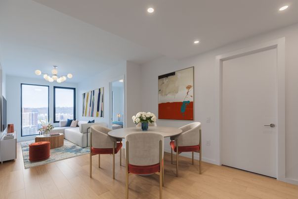 Dining room, Interior, Living room, Pendant Lights, Recessed Lighting, Wood Texture Flooring