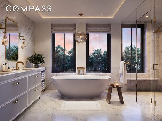 Bathroom, Dual Sink Vanities, Free Standing Baths, Glass Shower, Interior, Marble, Marble Walls, Pendant Lights, Recessed Lighting