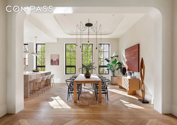 Dining room, Interior, Pendant Lights, Wood Texture Flooring