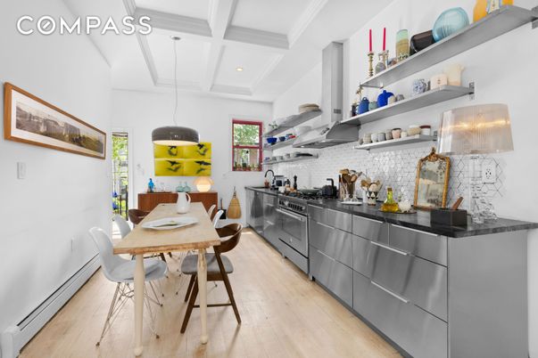 Dining room, Interior, Kitchen, Pendant Lights, Recessed Lighting, Wood Texture Flooring