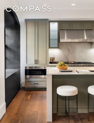 Interior, Kitchen, Marble Walls, Recessed Lighting, Stainless Steel Appliances, Wood Texture Flooring