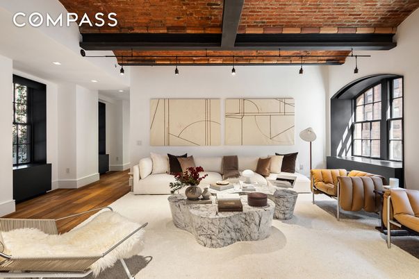 Interior, Living room, Recessed Lighting, Stone Walls, Wooden Beams, Wood Texture Flooring