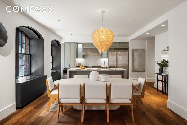 Chandelier, Dining room, Interior, Kitchen, Recessed Lighting, Stainless Steel Appliances, Wood Texture Flooring