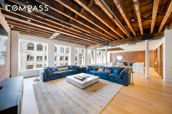 Interior, Living room, Recessed Lighting, Stone Walls, Wooden Beams, Wood Texture Flooring