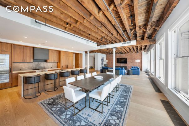 Dining room, Fireplace, Interior, Kitchen, Recessed Lighting, Stone Walls, Wooden Beams, Wooden Ceilings, Wood Texture Flooring