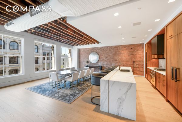 Dining room, Interior, Kitchen, Recessed Lighting, Stone Walls, Wooden Beams, Wood Texture Flooring