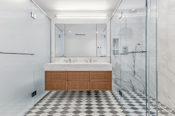 Bathroom, Dual Sink Vanities, Glass Shower, Interior, Marble Walls, Recessed Lighting