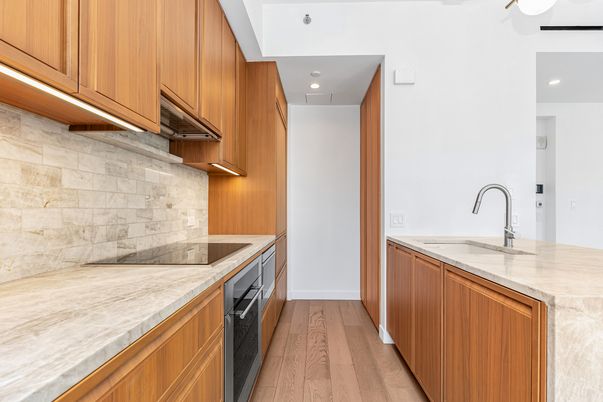 Interior, Kitchen, Recessed Lighting, Stone Walls, Wood Texture Flooring