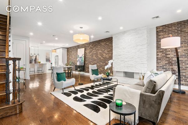 Dining room, Interior, Living room, Pendant Lights, Recessed Lighting, Stone Walls, Wood Texture Flooring