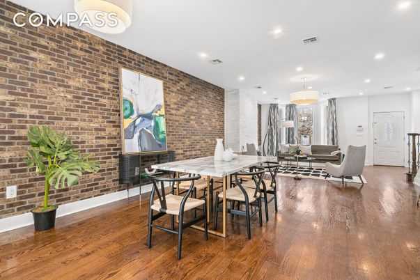 Dining room, Interior, Living room, Pendant Lights, Recessed Lighting, Stone Walls, Wood Texture Flooring