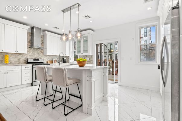 Interior, Kitchen, Marble, Pendant Lights, Recessed Lighting, Stainless Steel Appliances