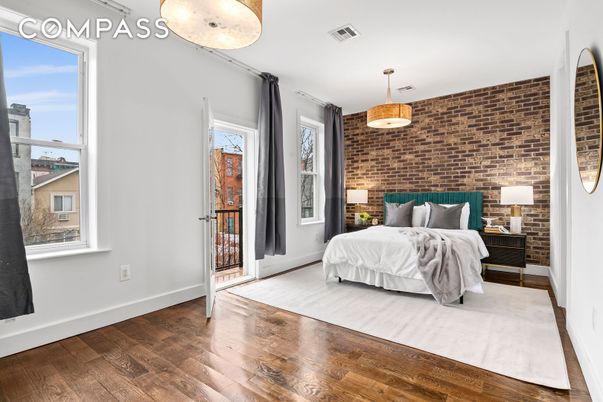 Bedroom, Interior, Pendant Lights, Stone Walls, Wood Texture Flooring
