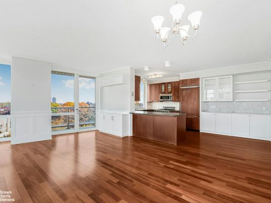 Chandelier, Interior, Kitchen, Stainless Steel Appliances, Wood Texture Flooring