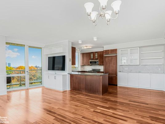 Chandelier, Interior, Kitchen, Stainless Steel Appliances, Wood Texture Flooring