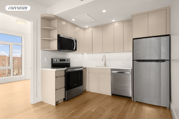 Interior, Kitchen, Recessed Lighting, Stainless Steel Appliances, Wood Texture Flooring