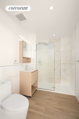 Bathroom, Glass Shower, Interior, Marble Walls, Recessed Lighting, Wood Texture Flooring